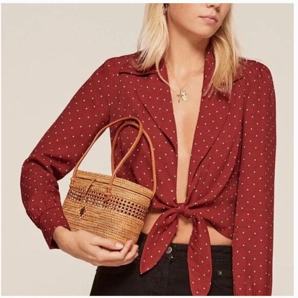 Reformation Blouse Tie Front Long Sleeve Polka Dot XS - Picture 1 of 6